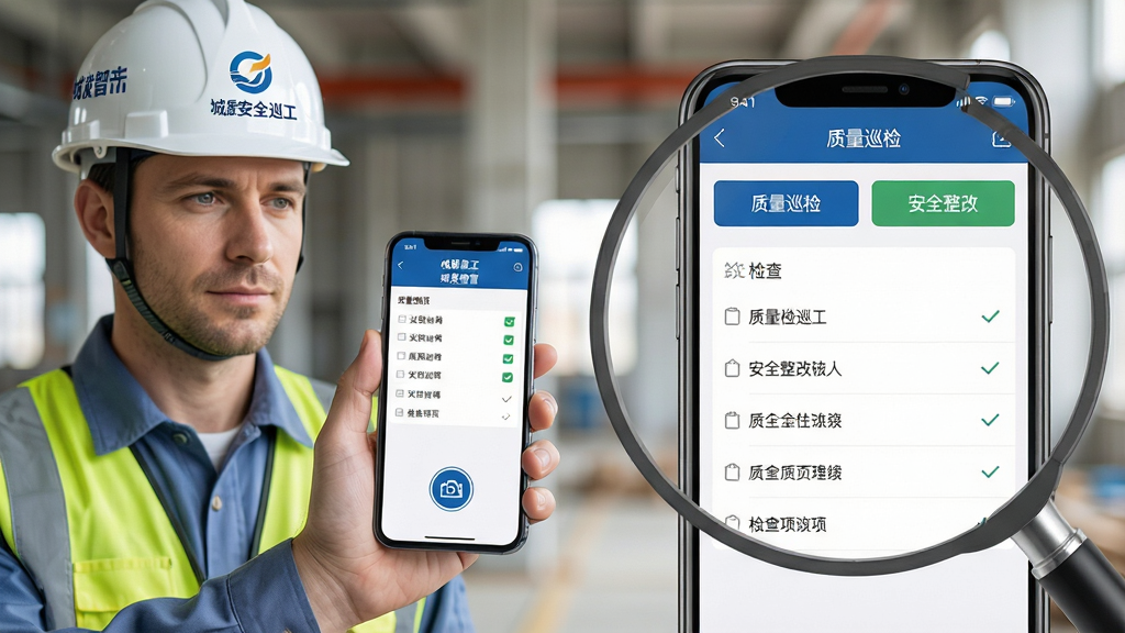 一张展示“城发智工”质量安全巡检功能的场景图。画面左侧是一位头戴安全帽、手持手机的工程师,手机屏幕显示着巡检清单和拍照按钮。右侧是放大的应用界面截图,清晰展示“质量巡检”、“安全整改”等按钮和检查项列表。布局为左右对比式,左侧实景右侧界面。风格为写实与UI结合的混合风格,细节包括安全帽上的企业标志和手机屏幕上的勾选标记,画质高清,光线明亮,无杂乱背景。