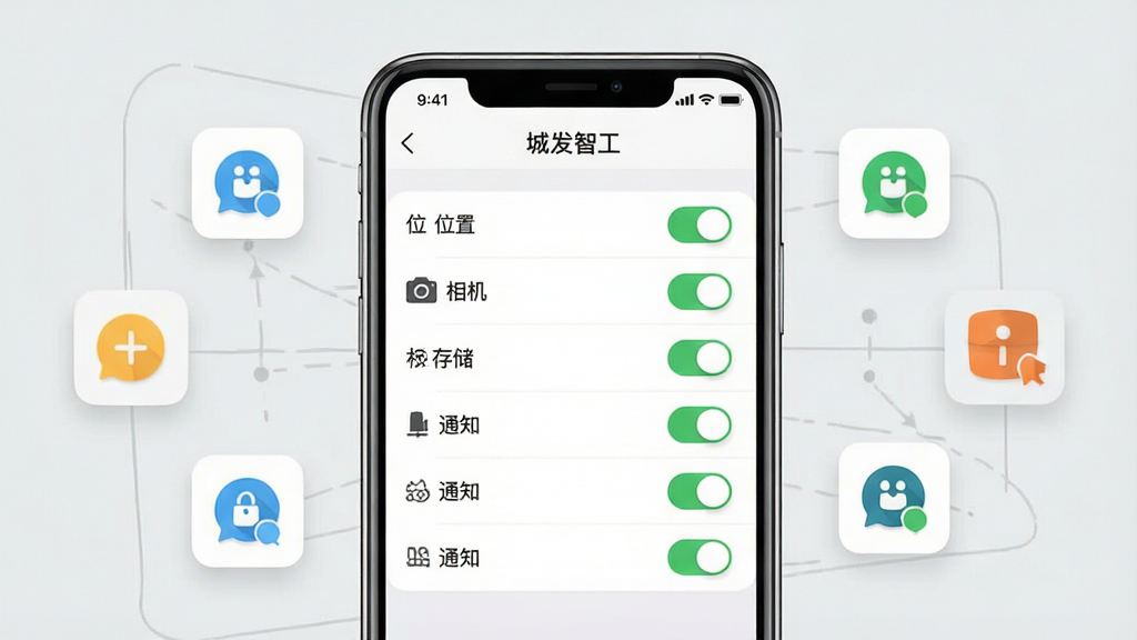 一张展示手机应用设置界面的图片。画面主体是一部智能手机,屏幕显示“城发智工”的应用权限管理页面,包含位置、相机、存储、通知等开关选项,部分开关呈绿色开启状态。布局为手机居中,周围有浮动的图标表示权限类型。风格为扁平化UI设计,细节包括清晰的文字标签和开关按钮,画质干净,背景为浅灰色,无多余装饰。