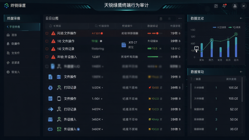 天锐绿盾终端行为审计界面示意图,画面以仪表盘和日志列表形式展示各类终端操作记录,包含文件操作、打印记录、外设接入等条目,背景为深色数据可视化风格,风格为商务科技风,细节上体现风险预警红色标记与数据图表,画质清晰,画面干净,无多余元素