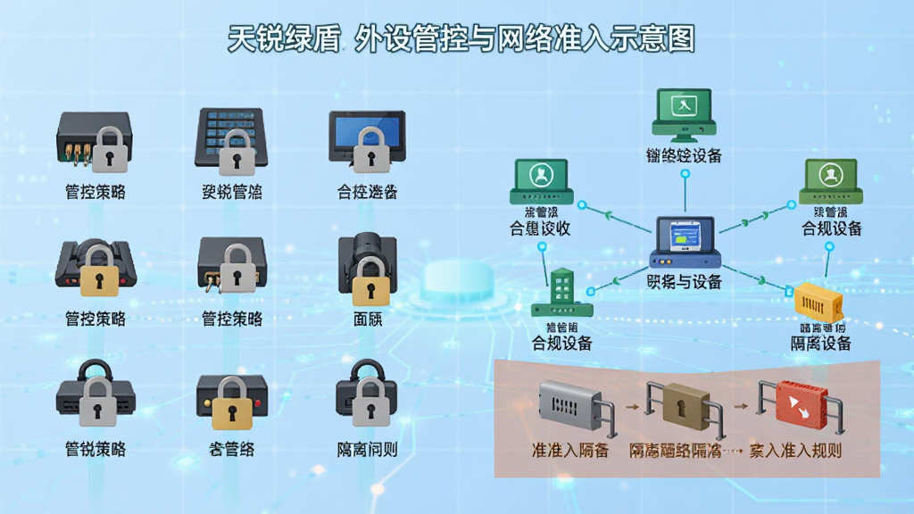 天锐绿盾外设管控与网络准入示意图,画面左侧展示各类外设图标被锁定的状态,右侧展示网络拓扑结构中合规设备与隔离设备的区分,背景为浅蓝色科技网格,风格为扁平化信息图风格,细节上体现管控策略与准入规则,画质清晰,画面干净,无多余元素