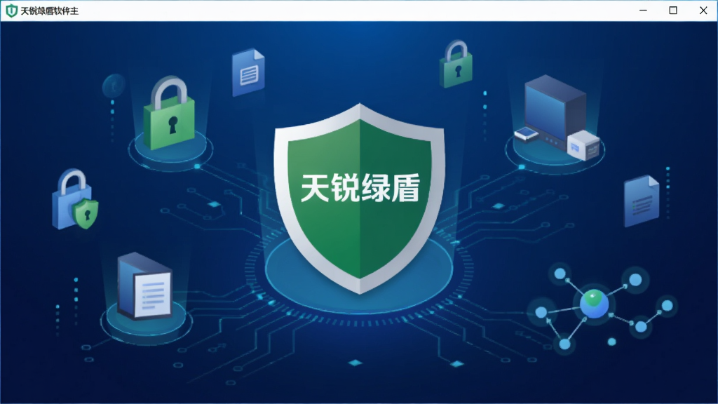 天锐绿盾软件主界面截图,画面中央展示天锐绿盾的盾牌形品牌标识,背景为深蓝色科技感渐变,四周环绕文件加密锁、终端设备、网络节点等安全元素图标,整体布局简洁大气,风格为扁平化商务科技风,细节上体现数据防护与移动办公的融合,画质清晰,画面干净,无多余元素