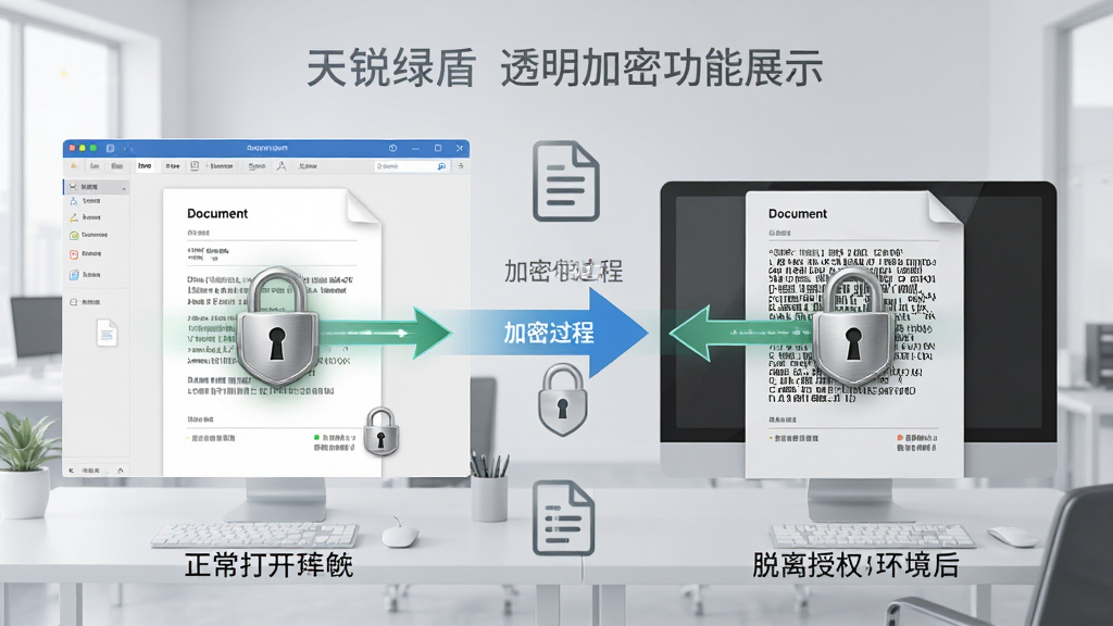 天锐绿盾透明加密功能展示图,画面左侧为正常打开的文档界面,右侧为脱离授权环境后显示乱码的文件状态,中间用箭头连接表示加密过程,背景为浅灰色办公场景,风格为写实科技插画,细节上突出锁形图标与文件流转路径,画质清晰,画面干净,无多余元素