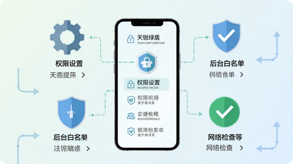 天锐绿盾移动端使用技巧示意图,画面以手机屏幕为中心,周围环绕齿轮、盾牌、勾选标记等图标,分别代表权限设置、后台白名单、网络检查等操作要点,背景为浅色渐变,风格为扁平化信息图,细节上体现操作提示与注意事项,画质清晰,画面干净,无多余元素