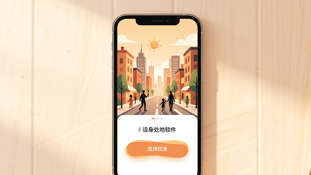 一张展示设身处地软件主界面的图片,画面中央是手机屏幕,屏幕上显示着色彩温馨的生活场景插画,有城市街景、人物剪影和选择按钮,整体布局简洁清晰,风格为扁平化插画风,细节包括柔和的光影和温暖的色调,画质高清,画面干净,无多余元素。