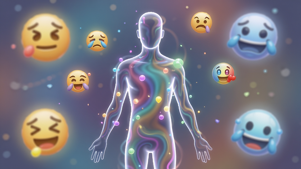 一张AI生成图片,画面中心是一个透明的人形轮廓,轮廓内部有流动的色彩和光点,周围环绕着代表喜怒哀乐的表情符号,布局采用居中环绕式,排版简洁,风格为梦幻抽象风,细节包括柔和的光晕和渐变色彩,画质高清,画面干净,无多余元素。
