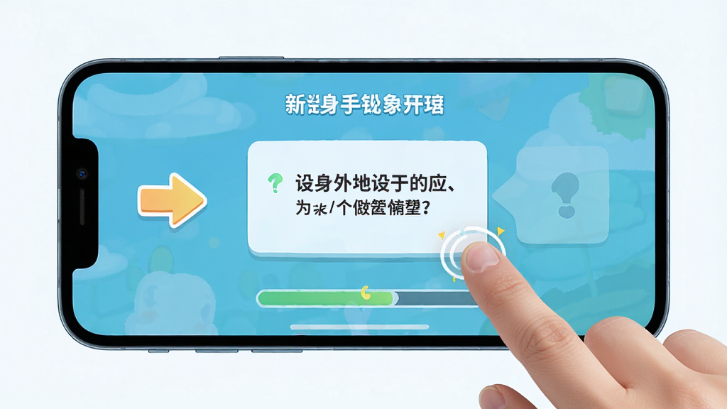 一张AI生成图片,画面展示一部手机屏幕,屏幕上显示设身处地游戏的新手引导界面,有箭头指示和文字提示框,布局为居中展示,风格为清新明快的UI设计风,细节包括手指点击的动画效果和进度条,画质高清,画面干净,无多余元素。