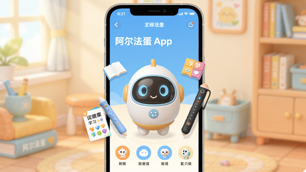 画面中央展示一部智能手机,屏幕上打开“阿尔法蛋”APP主界面,界面中有可爱的蛋形机器人形象,周围环绕着点读笔、词典笔和学习卡片等学习工具,背景是明亮温馨的书房环境,布局采用中心构图,风格为扁平化卡通插画,细节包括柔和的蓝橙配色、圆角图标和简洁的文字标签,画质高清干净无多余元素。