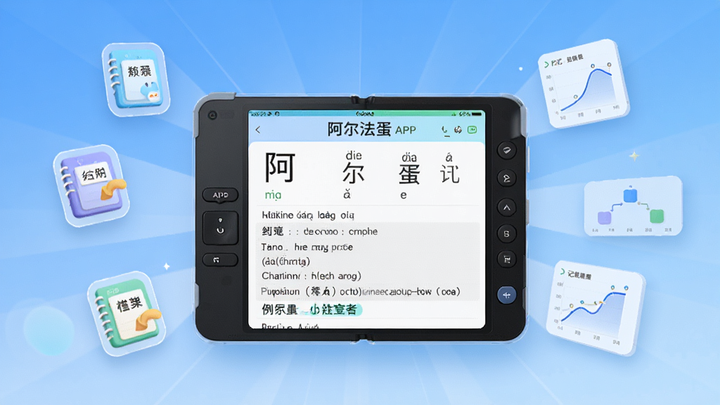 画面中央是一本翻开的电子词典界面,界面中显示“阿尔法蛋”APP的词典查询结果,包含汉字、拼音、释义和例句,周围漂浮着生词本图标和记忆曲线图表,布局为居中放射状,风格为简约科技风,细节有蓝色渐变背景、清晰的文字层级和柔和的阴影,画质高清干净无多余元素。
