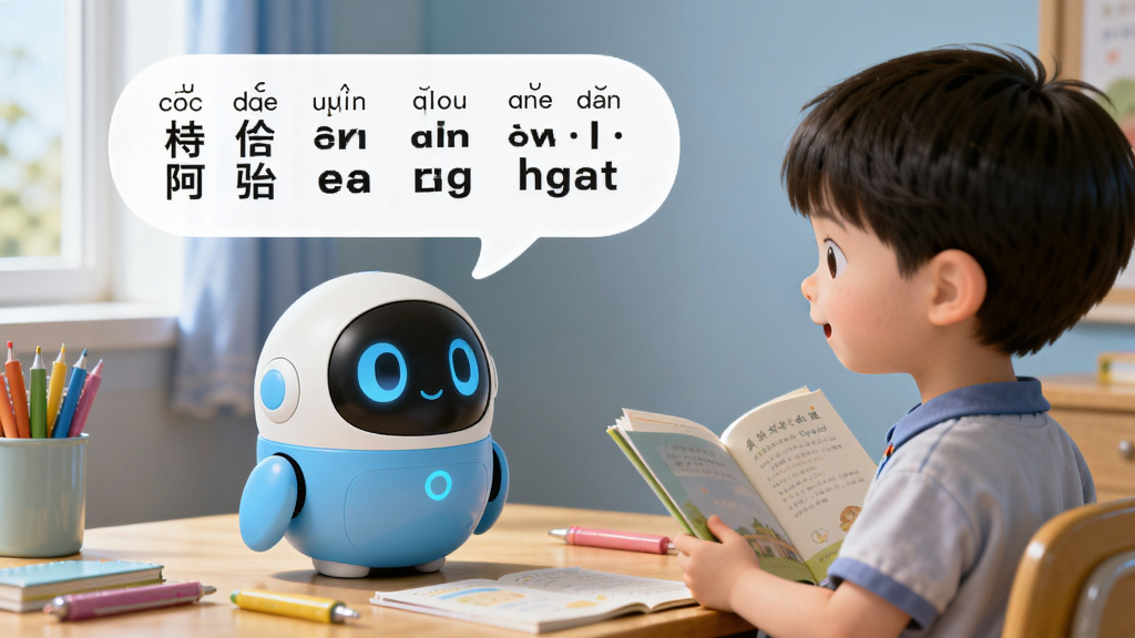 画面主体是一个可爱的蛋形机器人“阿尔法蛋”,正与一名小学生进行语音对话,孩子手中拿着课本,机器人头顶浮现出对话气泡,气泡中包含汉字、拼音和英文单词,布局为左右对称,风格为3D卡通渲染,细节有柔和的室内光线、彩色学习文具散落桌面,画质超清干净无多余元素。