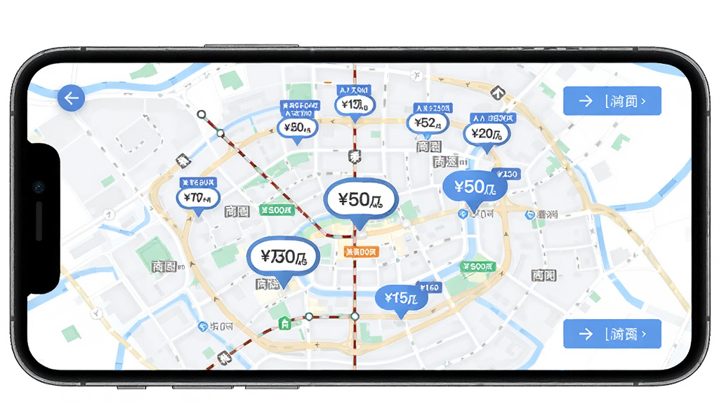 中原找房地图找房功能界面,主体为手机屏幕显示城市地图,地图上散布着多个房源价格气泡,布局以地图为中心,周边有筛选按钮,风格为科技感扁平化设计,细节包括地铁线路、商圈标注、价格标签,画质高清,干净,无多余元素