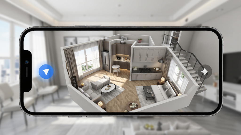 中原找房VR看房功能展示,主体为手机屏幕显示一套房屋的3D全景模型,屏幕中有方向指引图标,布局为全屏沉浸式体验,风格为现代科技感,细节包括房间布局、家具摆放、采光效果,画质高清,干净,无多余元素