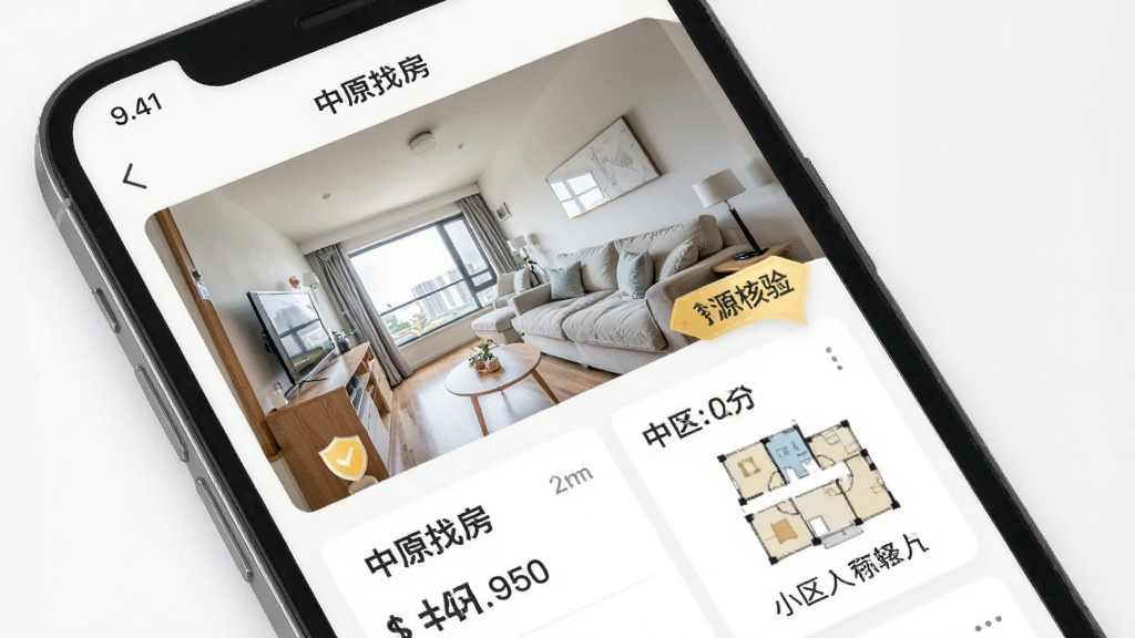 中原找房APP内房源详情页展示,主体为手机屏幕特写,屏幕中显示一套明亮公寓的实景照片,旁边有房源核验标签和经纪人信息,布局采用上下滚动式排版,风格为清爽的移动端界面,细节包括价格数字、户型图、小区名称,画质清晰,干净,无多余元素