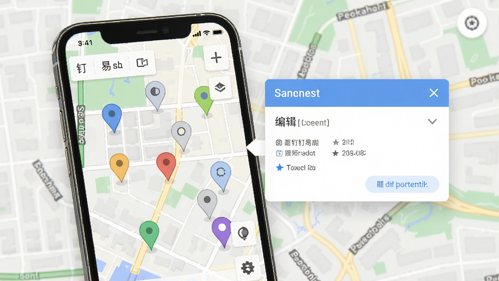 手机屏幕显示钉图易地图界面,地图上有多个不同颜色的定位图标,旁边弹出信息编辑框,背景是城市街道地图,风格写实,画质清晰,干净整洁