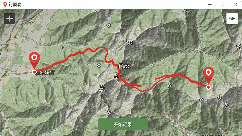 钉图易软件显示一条红色轨迹线蜿蜒在山地地图上,起点和终点有标记,界面有开始记录按钮,风格户外写实,画质清晰,干净无多余元素