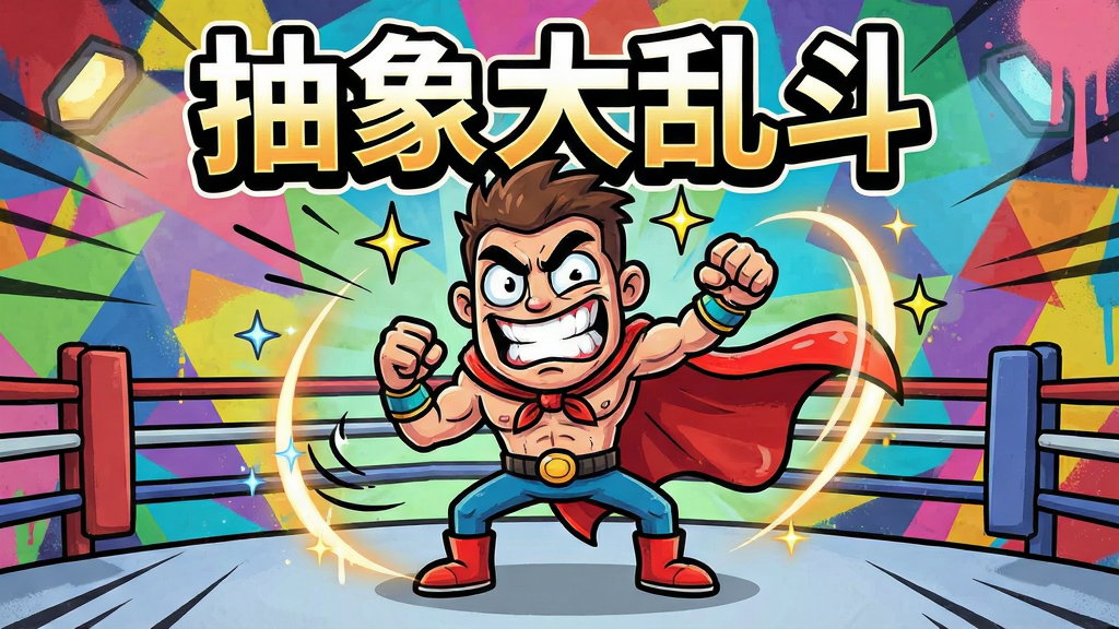 一张手机游戏宣传图,主体是一个造型夸张的卡通角色在擂台上摆出搞笑格斗姿势,周围有动态线条和特效光晕,布局采用居中构图,角色占据画面中心,背景是色彩鲜艳的抽象几何图案,风格为美式卡通与涂鸦混搭,细节包括角色夸张的表情、飘动的披风、闪烁的星星特效,画面顶部有醒目的标题文字“抽象大乱斗”,画质高清,干净,无多余元素