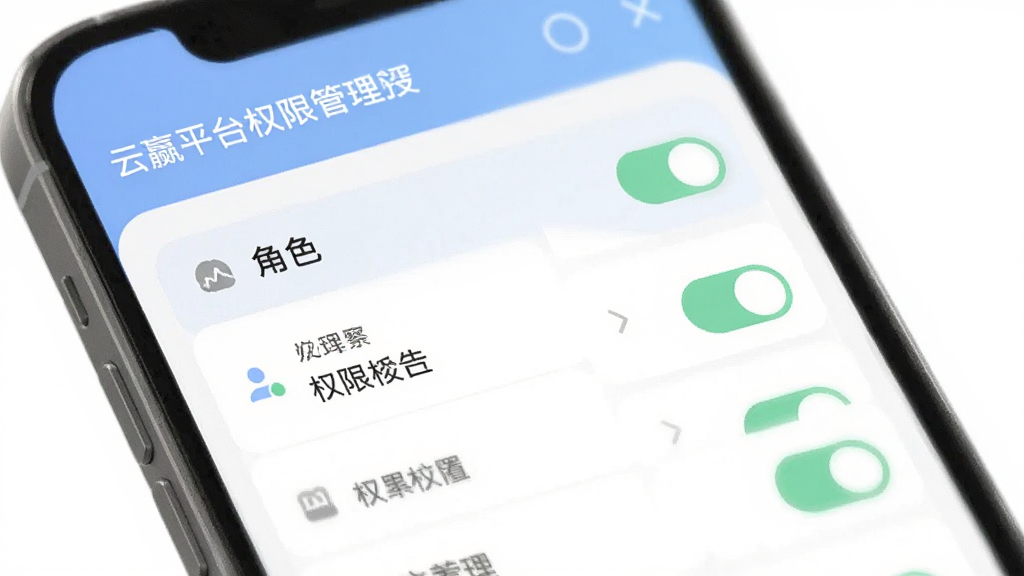 云赢平台权限管理设置界面示意图,画面为手机屏幕特写,屏幕内展示角色列表与权限开关按钮,界面风格清爽,配色柔和,画质干净,无多余元素