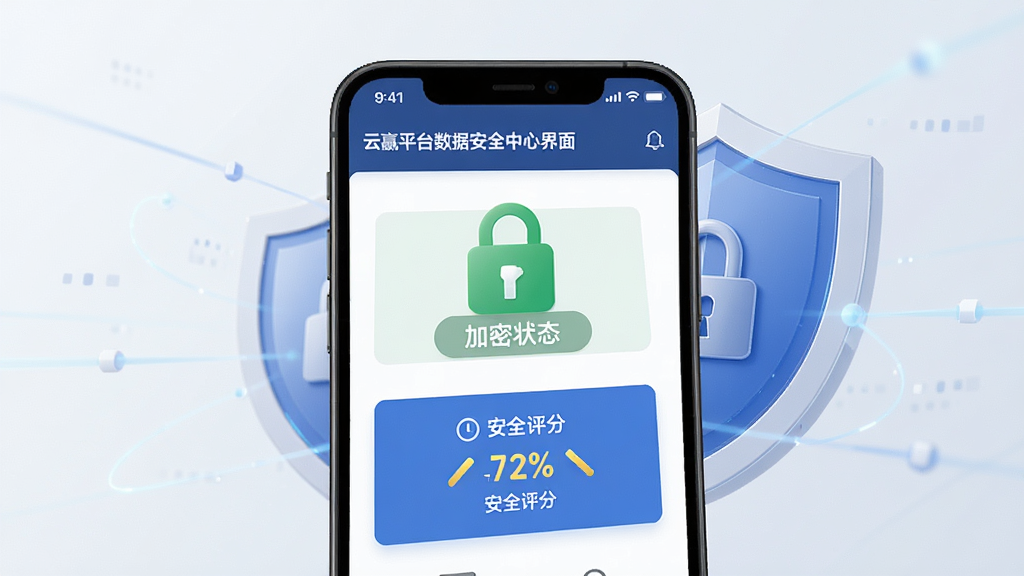 云赢平台数据安全中心界面展示图,画面为手机屏幕,屏幕内显示加密状态标识与安全评分,背景带有盾牌图形元素,风格稳重专业,画质干净,无多余元素