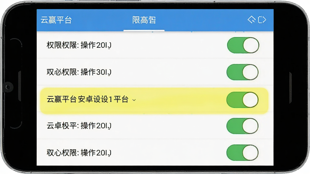 云赢平台安卓设备权限设置操作示意图,画面为手机屏幕截图风格,展示权限开关列表与高亮标注,整体清晰直观,风格简洁,画质干净,无多余元素