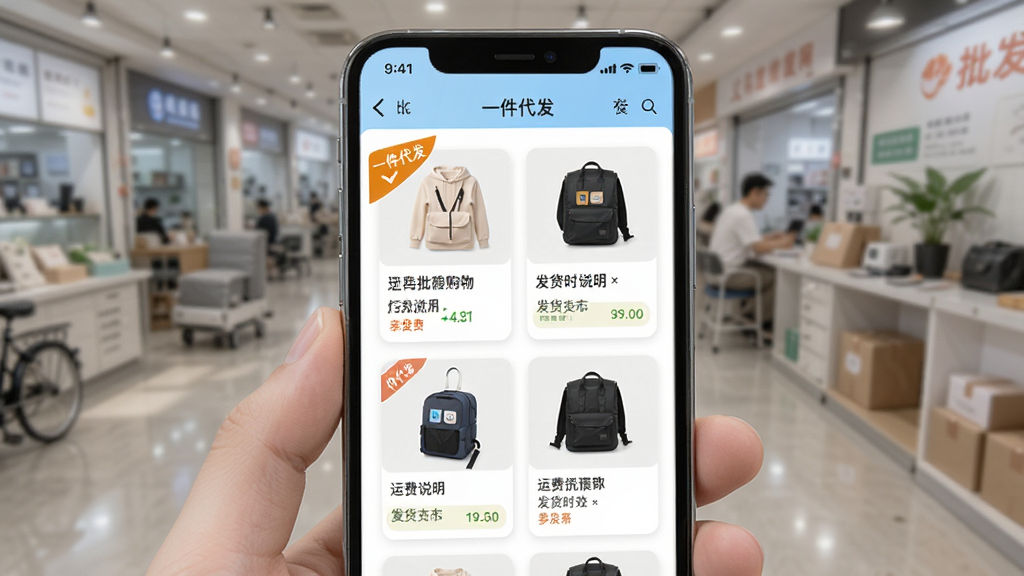 义乌批发购物进货网一件代发功能页面,主体为手机界面展示代发商品卡片与代发标签,布局为上下滚动列表,风格明亮轻快,细节包含“一件代发”角标、运费说明与发货时效文字,画质高清,干净,无多余元素
