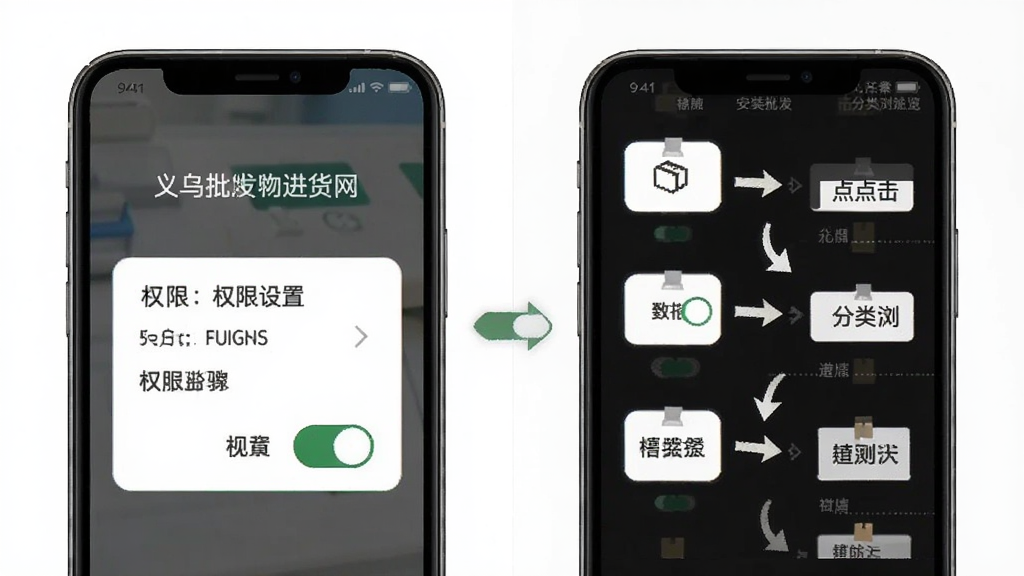 义乌批发购物进货网新手操作示意图,主体为手机屏幕展示安装权限设置与分类浏览步骤,布局为左右分栏,左侧为权限开关示意,右侧为分类点击路径,风格简洁教程风,细节包含箭头指引与文字标注,画质高清,干净,无多余元素