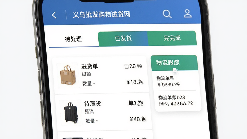 义乌批发购物进货网订单管理界面,主体为手机屏幕显示进货单列表与物流跟踪卡片,布局分为待处理、已发货、已完成三个标签页,风格商务简约,细节包含商品小图、数量、金额与物流单号,画质清晰,干净,无多余元素