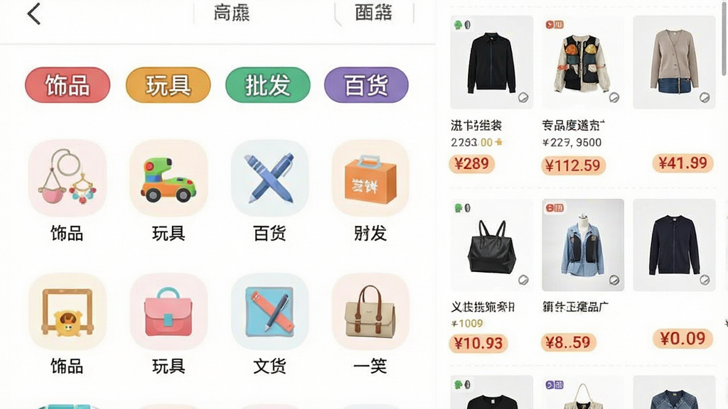 义乌批发购物进货网应用内页截图,画面中央为分类导航区,展示饰品、玩具、文具、百货等图标,右侧为商品瀑布流列表,包含商品缩略图、名称与批发价,布局采用上下结构,风格扁平化设计,细节有彩色分类标签与价格高亮,画质清晰,干净,无多余元素