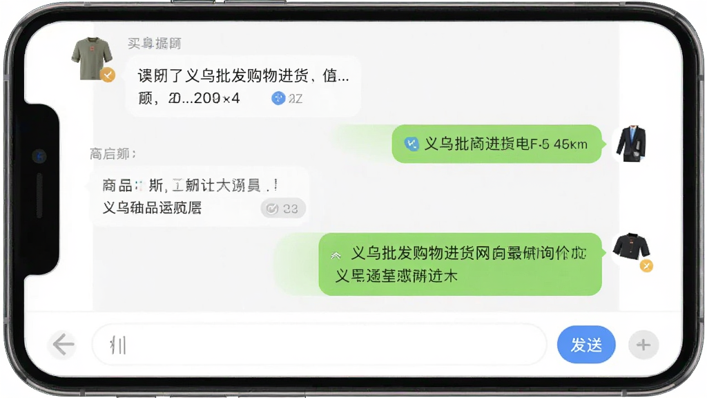 义乌批发购物进货网聊天询价界面,主体为手机屏幕显示对话气泡,左侧为买家提问,右侧为供应商回复,底部有输入框与发送按钮,布局简洁,风格清爽,细节包含商品卡片链接与已读标识,画质高清,干净,无多余元素