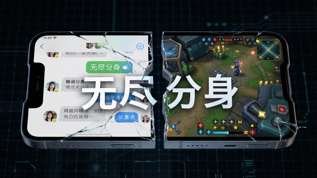 一部手机屏幕内部分裂成两个独立空间,左边空间显示社交聊天界面,右边空间显示游戏画面,两个空间互不干扰,背景为深色科技感网格纹理,采用3D渲染风格,细节突出空间隔离与并行运行的概念,画质高清,画面简洁有序,图中带有“无尽分身”字样