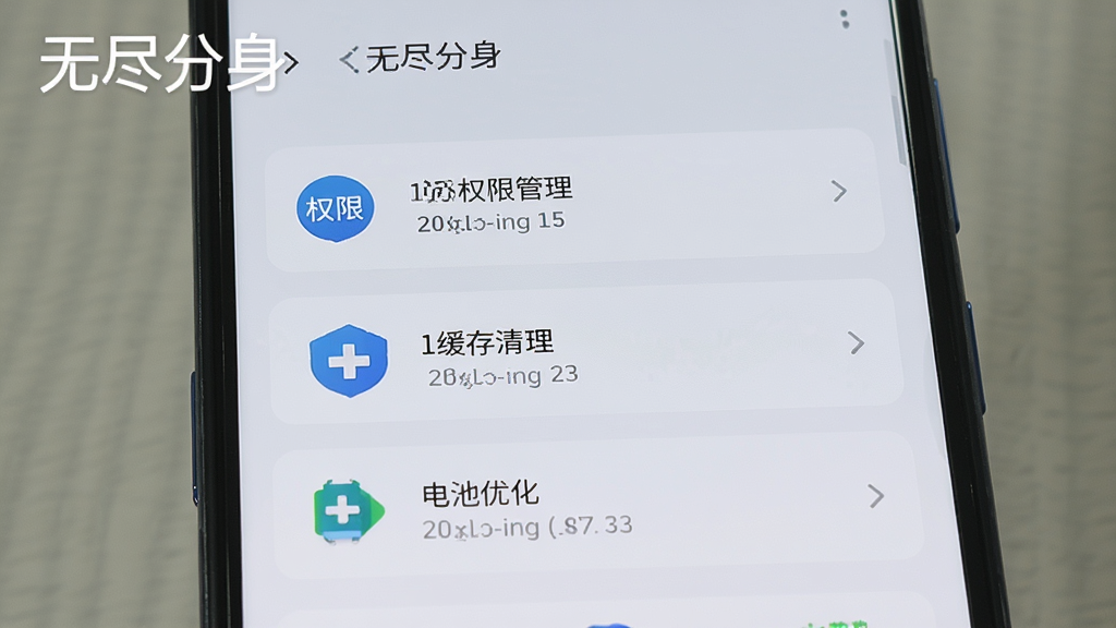 一部手机屏幕显示无尽分身的设置界面,界面中突出显示权限管理、缓存清理和电池优化三个选项,背景为简洁的浅色UI风格,采用扁平化设计,细节清晰展示操作步骤,画质干净明亮,图中带有“无尽分身”文字