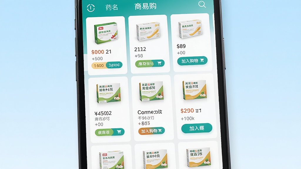 药易购App商品列表页特写,画面主体为手机屏幕显示药品分类网格与价格标签,布局采用上下分层排版,背景为浅蓝色渐变,风格为清爽UI展示图,细节包括药盒缩略图、库存标签、加入购物车按钮,画质高清干净无多余元素。