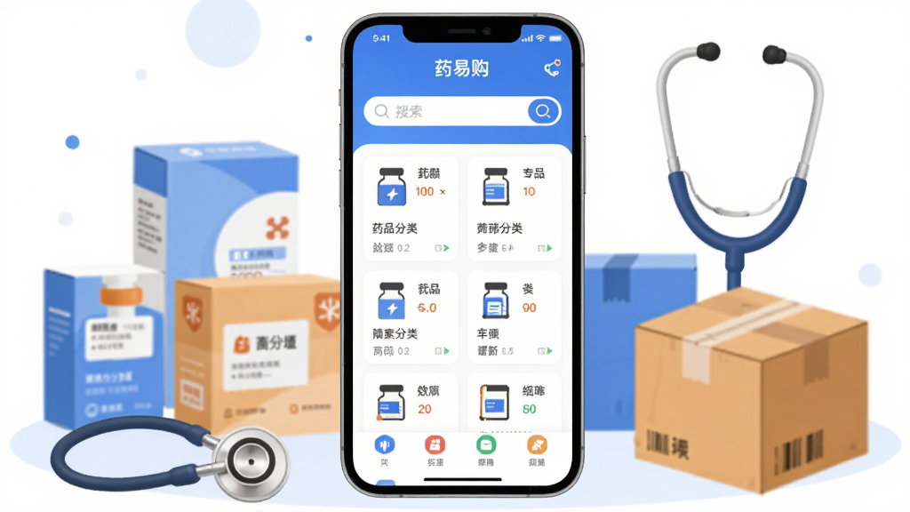 画面中央展示一部智能手机,屏幕上打开药易购App首页,界面显示药品分类列表与搜索栏,手机周围环绕药盒、听诊器、物流纸箱等元素,布局采用中心对称构图,排版简洁现代,风格为扁平化商务插画,细节包括蓝白主色调、圆角图标、清晰的功能分区,画质高清干净无多余元素。