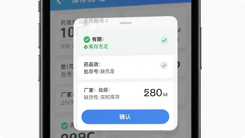 药易购App库存详情弹窗界面,画面主体为手机屏幕显示药品效期、批号、厂家与实时库存数字,布局采用卡片式排版,风格为商务简约风,细节包括绿色库存充足标识、灰色缺货提示、蓝色确认按钮,画质高清干净无多余元素。