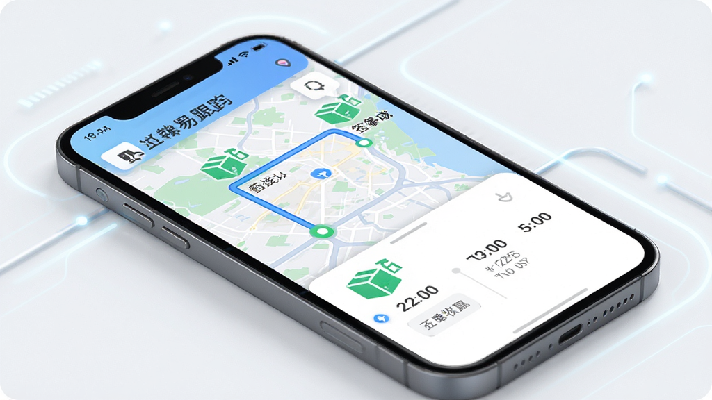 药易购App物流跟踪页面,画面主体为手机屏幕显示配送地图与订单状态时间轴,布局采用上下结构排版,风格为现代物流科技风,细节包括蓝色配送路线、绿色签收节点、药品包裹图标,画质高清干净无多余元素。