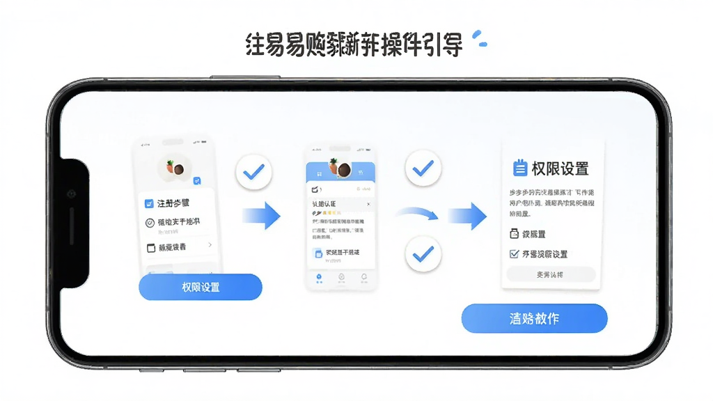 药易购App新手操作引导页面,画面主体为手机屏幕显示注册认证步骤与权限设置提示,布局采用分步图示排版,风格为友好教学风,细节包括勾选图标、箭头指引、蓝色高亮按钮,画质高清干净无多余元素。
