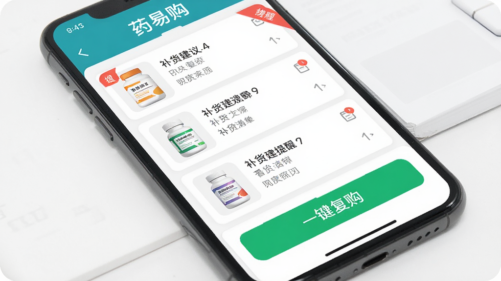 药易购App智能补货提醒页面,画面主体为手机屏幕显示补货建议清单与一键复购按钮,布局采用纵向列表排版,风格为扁平化效率工具风,细节包括红色提醒角标、绿色复购按钮、药品缩略图,画质高清干净无多余元素。