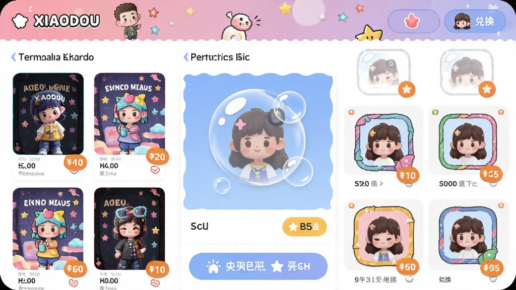 һ��չʾ�ֻ���Ļ��ͼƬ����Ļ����ʾ��XIAODOU�����Ի�װ���̵���棬����������������ͼ��������ʽԤ����ͷ���ѡ�����Ϊ�������У������ÿɰ���ɫ�ʷḻ�������ڻ��ڣ�ϸ���м۸��ǩ�Ͷһ���ť�����������ɾ�