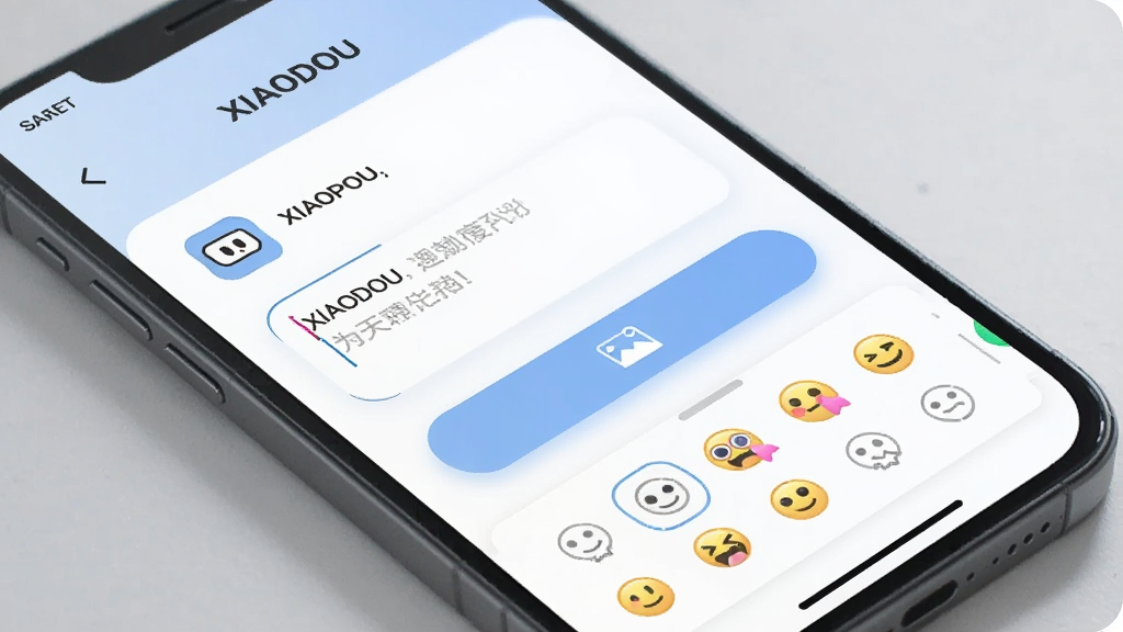 һ���ֻ�Ӧ�ý����ͼ����ͼƬ�����������ǡ�XIAODOU����̬����ҳ�棬�������������ͼƬ�ϴ���ť�ͱ���ѡ����壬���ּ�࣬����ִ���ɫ���԰�ɫ�͵���ɫΪ����ϸ����Բ�ǰ�ť�����ͶӰ�����������ɾ�
