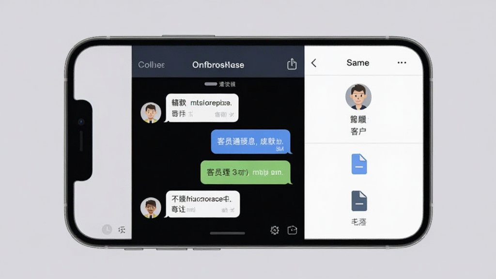 客员通消息沟通界面,手机屏幕展示聊天窗口与客户资料侧栏,背景为柔和灰色,画面中央为手机,布局左右分栏,风格为轻量办公风,细节包括气泡对话框、客户头像、文件图标,画质清晰,干净无多余元素