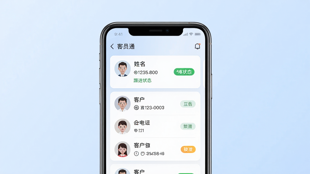 客员通客户信息管理界面,画面中展示手机屏幕内客户列表与详情页,包含姓名、电话图标、跟进状态标签,背景为浅蓝色渐变,主体突出手机与界面,布局居中,风格为清爽商务风,细节有圆形头像、彩色状态标签、卡片式布局,画质清晰,干净无多余元素