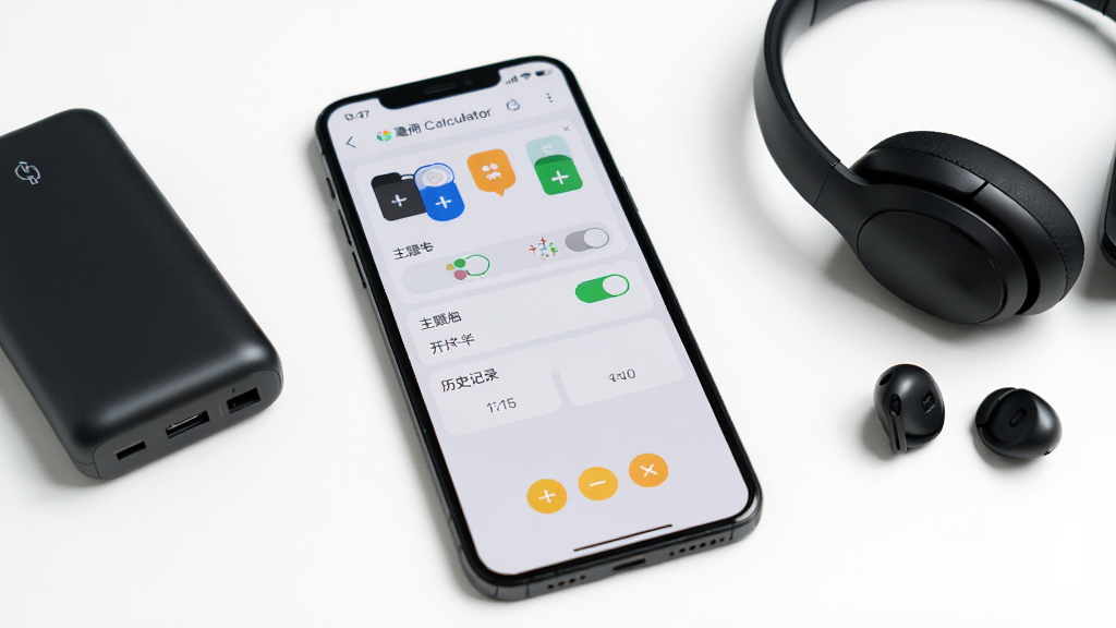 一部手机展示墨鱼通用计算器的设置页面,页面中包含主题切换、悬浮窗开关、历史记录管理等选项,手机旁边放着一个充电宝和一副耳机,背景为简洁的白色桌面,整体风格干净利落,细节清晰,画质明亮,无多余元素