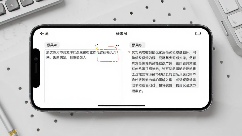 硕果AI功能界面展示图,画面中一部手机横屏展示,屏幕内呈现硕果AI的润色改写界面,左侧为原文输入框,右侧为优化后的文本对比,界面中有“硕果AI”小字标识,背景为浅灰色工作台风格,细节清晰,画质干净,无多余装饰