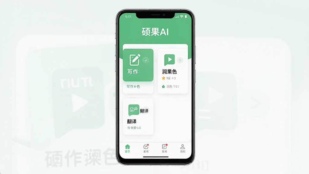 硕果AI软件主界面预览图,画面中央展示一部安卓手机,手机屏幕内呈现硕果AI的首页布局,顶部有“硕果AI”文字标识,中部为功能卡片式排列,包含写作、润色、摘要、翻译等入口,底部为导航栏,整体采用清新绿色与白色搭配,背景干净简洁,风格为扁平化UI设计,细节清晰,画质高清,无多余元素