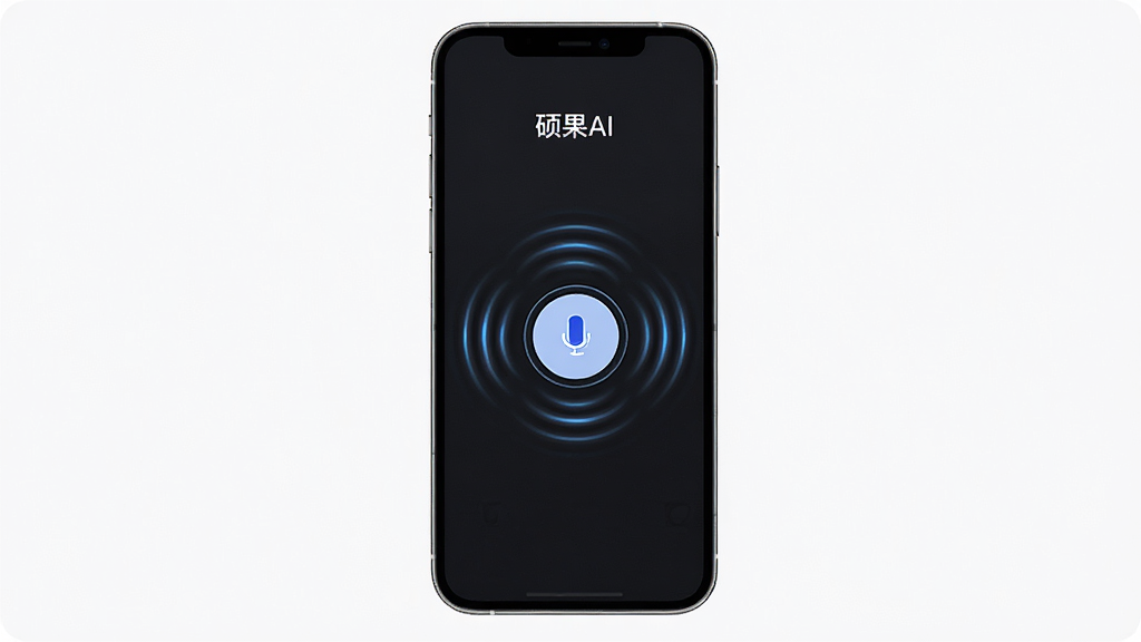 硕果AI语音输入功能示意图,画面中一部手机竖屏显示,屏幕内呈现硕果AI的语音录入界面,中央有圆形录音按钮,周围有波纹动效,上方显示“硕果AI”文字,背景为深色模式,风格简约科技感,画质高清,细节清晰,无多余元素