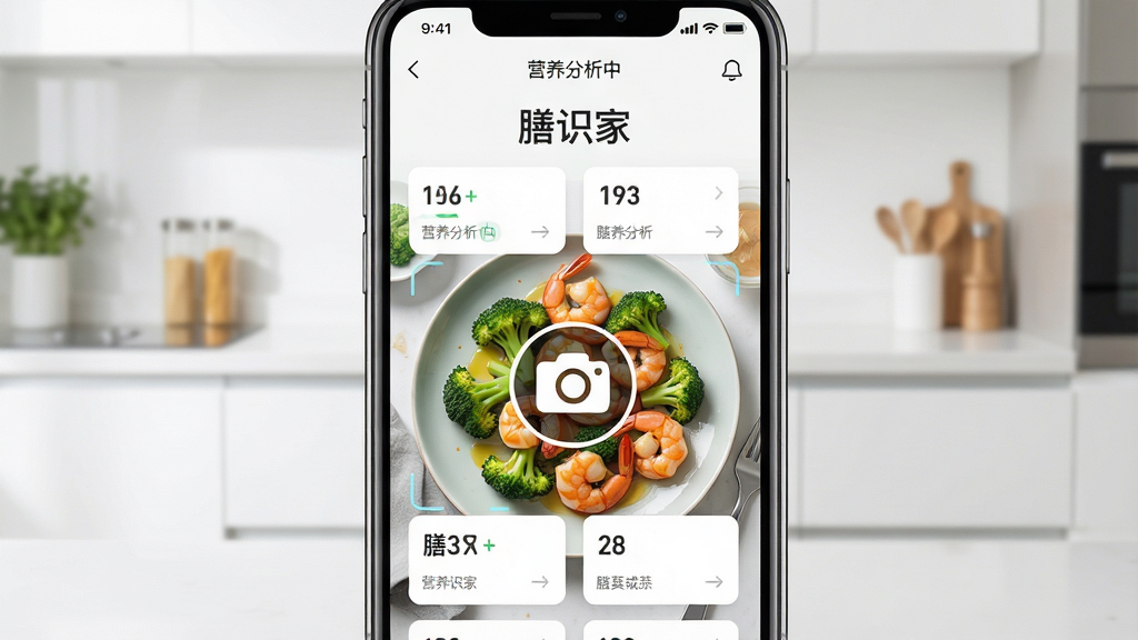 ������һ���ֻ���Ļ����Ļ����ʾ����ʶ�ҡ�APP�������棬����������һ�����۵����ͼ������ɨ�������ϵ�һ����������Ϻ�ʣ���Ļ�Ϸ���ʾ��Ӫ�������С��͡���ʶ�ҡ����������ֲ��þ��й�ͼ������Ϊ�ɾ��������ִ�����̨�档�Ű�����ֱ�ۣ����Ϊ�ִ��Ƽ���UI�����дʵ��Ӱ��ϡ�ϸ�ڰ����ֻ���Ļ�ĸ߹ⷴ�䡢ʳ�ĵ�����ɫ���Լ�APP���������������ݿ�Ƭ�����ʸ��壬�ɾ��������޶���Ԫ�ء�