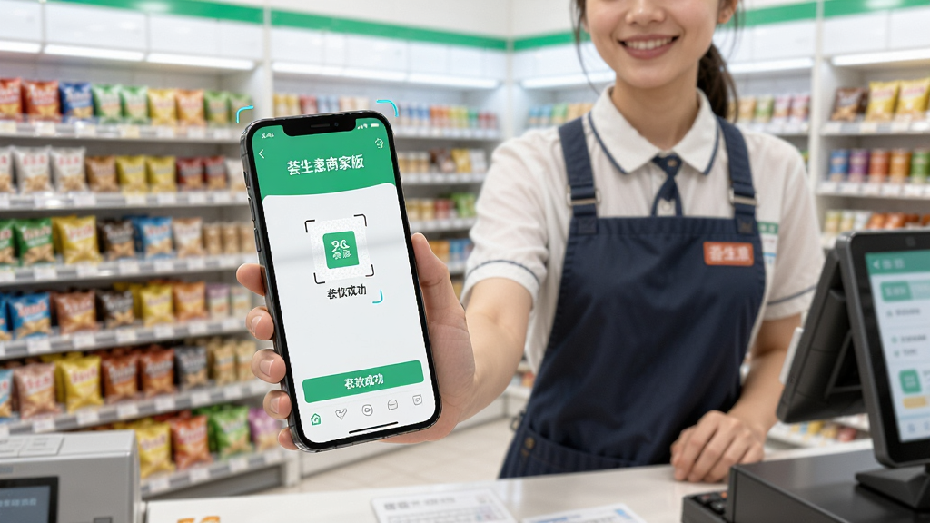 收银台场景中,店员手持手机使用荟生意商家版扫描顾客付款码,手机屏幕显示收款成功界面,背景是整洁的便利店货架,画面采用写实风格,光线明亮,突出手机屏幕上的“荟生意商家版”标识,构图简洁,高清画质