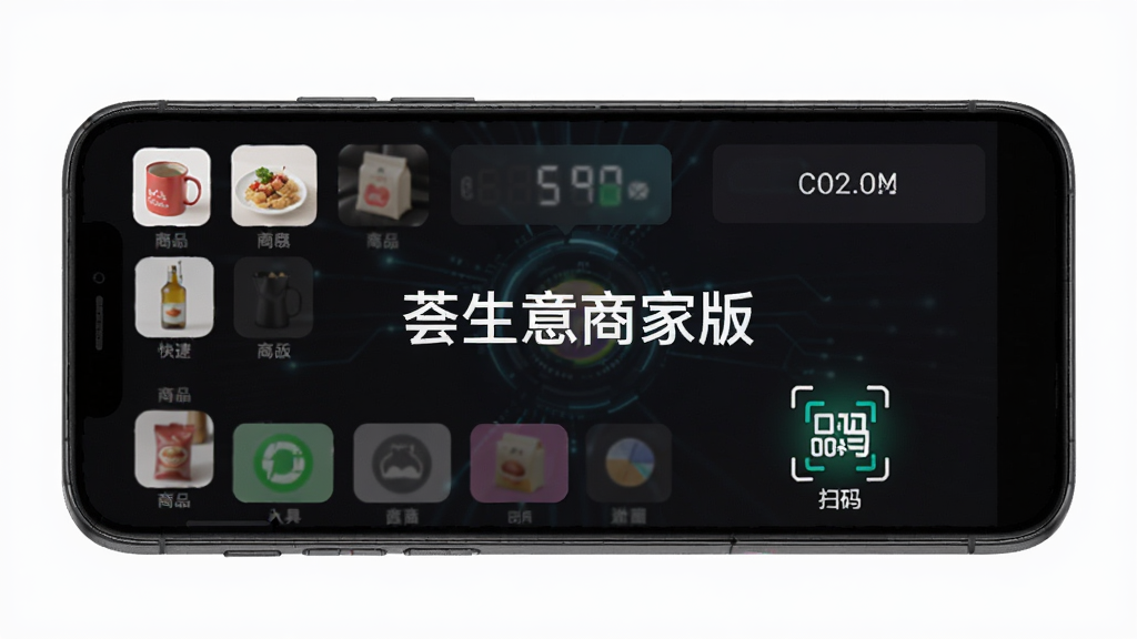 手机屏幕展示荟生意商家版收银界面,画面中有商品快捷按钮、金额显示区和扫码入口,背景为深色模式,突出科技感与实用性,界面中央标注“荟生意商家版”,布局清晰,高清画质,无多余元素