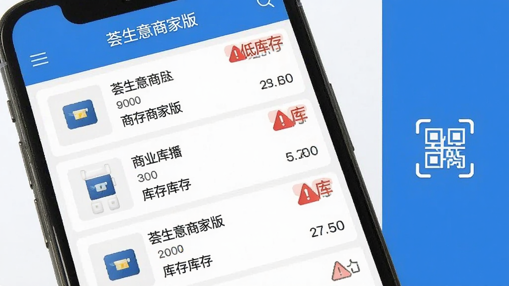 手机屏幕展示荟生意商家版商品管理页面,列表展示多种商品及库存数量,部分商品带有低库存红色预警标识,画面右侧有扫码添加商品的图标,整体界面清爽,蓝白配色,扁平化设计,文字清晰标注“荟生意商家版”,无多余装饰元素,高清画质