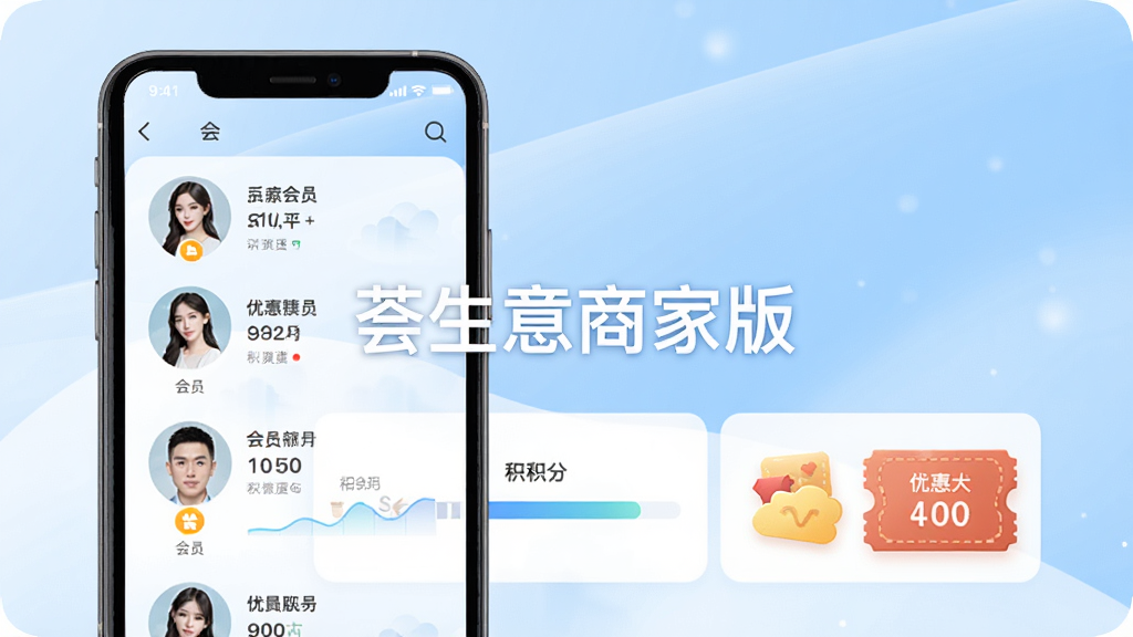 手机屏幕展示荟生意商家版会员管理界面,画面中有会员头像列表、积分进度条和优惠券图标,背景为浅蓝色渐变,风格清新柔和,界面中央标注“荟生意商家版”,布局整齐,高清画质,干净无多余元素