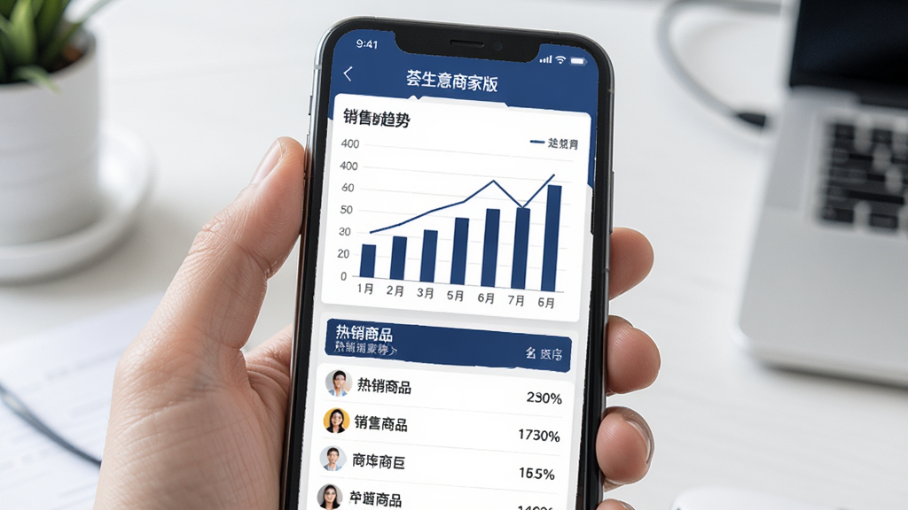 手机屏幕展示荟生意商家版数据报表页面,柱状图和折线图展示销售趋势,下方有热销商品排行榜列表,整体采用深蓝与白色搭配的商务风格,界面清晰标注“荟生意商家版”,画面简洁专业,高清画质