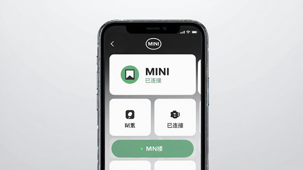 一张展示移动互联应用MINI主界面的手机渲染图,主体为一部竖屏智能手机,屏幕上显示MINI应用的简洁卡片式布局界面,包含设备连接状态图标与功能入口按钮,布局采用居中对称构图,背景为浅灰色渐变,风格为现代科技简约风,细节上手机边缘有轻微反光质感,屏幕内文字清晰显示